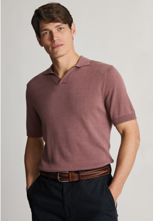 Overton Notch Neck Dark Mauve Cotton Blend Knitted Polo Shirt