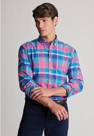 Regular Fit Magenta Madras Check Oxford Cotton Shirt
