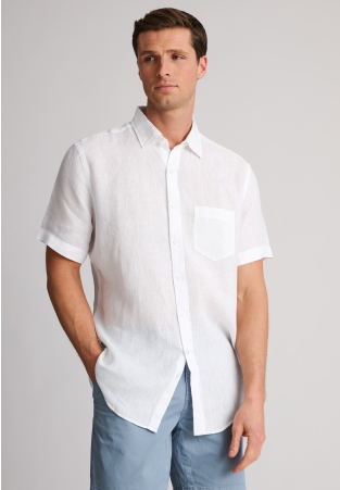 Regular Fit White Pure Linen Short Sleeve Shirt