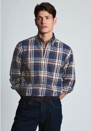 Regular Fit Navy Large Plaid Cotton Shirt