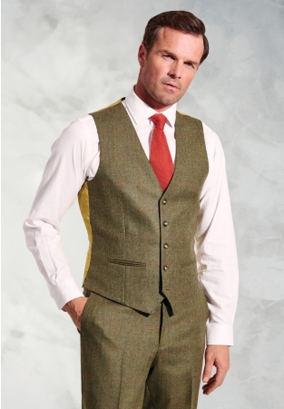 Regular Fit Dalton Olive Check Wool Waistcoat