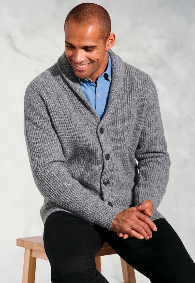 Ellis Grey Textured Lambswool Shawl Collar Cardigan