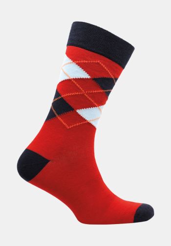 Cotton Mix Red with Navy and Sky Blue Diamond Design Sock