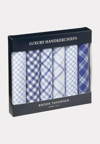 Luxury Handkerchief - Assorted Blue and White Check Designs - Presentation Pack of Six