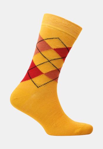 Gold with Red Argyle Pattern Cotton Rich Sock