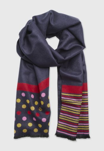 Navy Stripe and Spot Double Faced Scarf