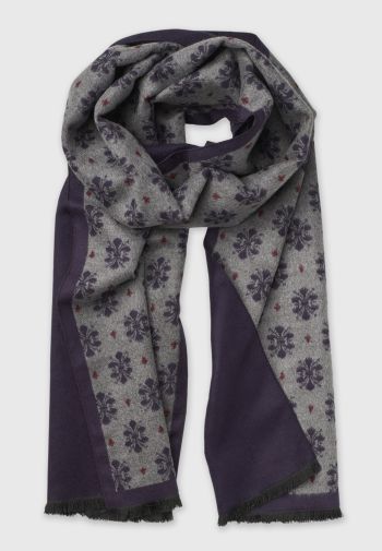 Navy and Grey Plain and Floral Double Faced Scarf