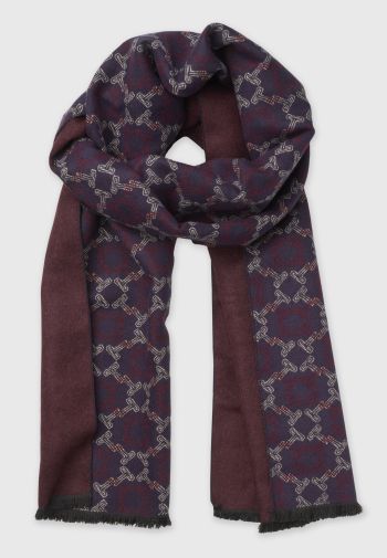Burgundy and Navy Plain and Geometric Pattern Double Faced Scarf