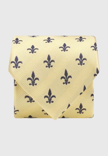 Yellow and Navy Fleur de Lis Silk Tie