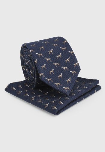 Blue with Brown Small Dog Motif Tie and Hanky Set