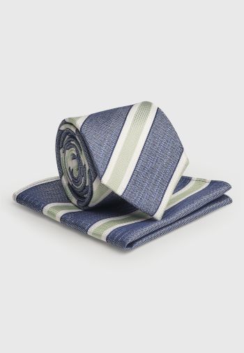Blue and Apple Striped Tie and Hanky Set