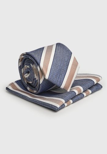 Blue and Merlot Striped Tie and Hanky Set