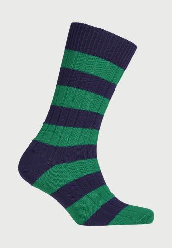 Cotton Rich Navy and Green Striped Socks
