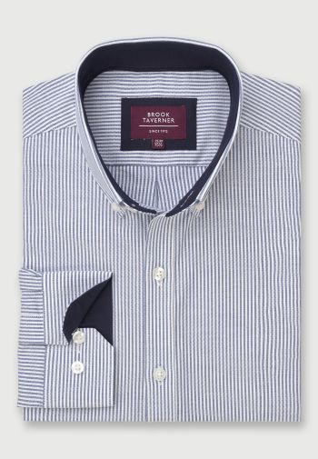 Tailored Fit Blue Stripe Stretch Cotton Oxford Shirt