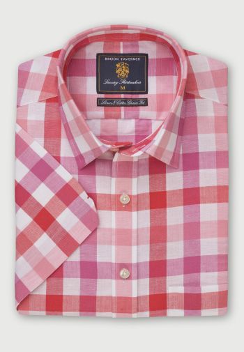 Regular Fit Raspberry Check Short Sleeve Linen Cotton Shirt