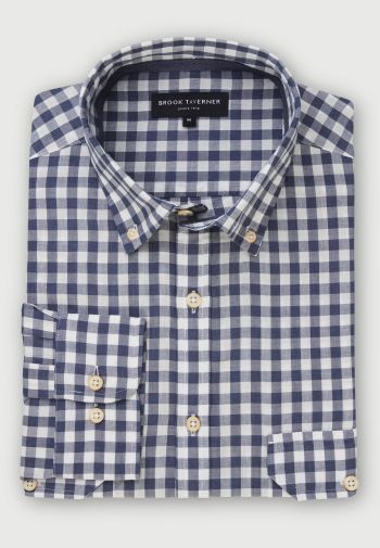 Tailored Fit Airforce Blue Gingham Cotton Fit Shirt