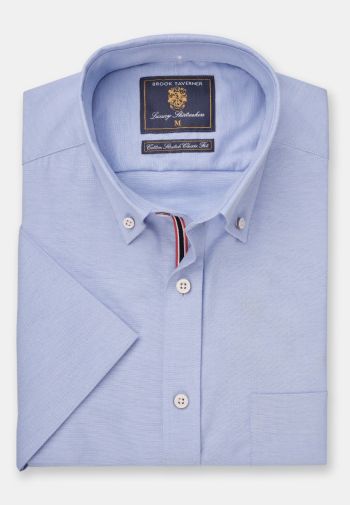 Regular Fit Blue Stretch Cotton Oxford Short Sleeve Shirt