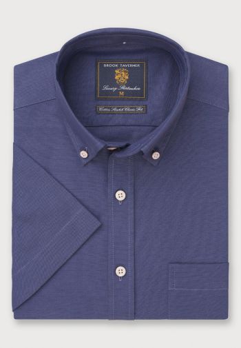 Regular Fit Dark Blue Stretch Cotton Oxford Short Sleeve Shirt