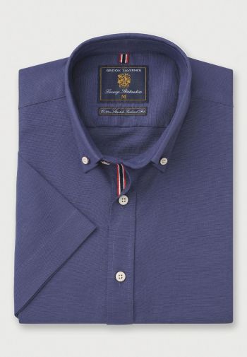 Tailored Fit Dark Blue Stretch Cotton Oxford Short Sleeve Shirt