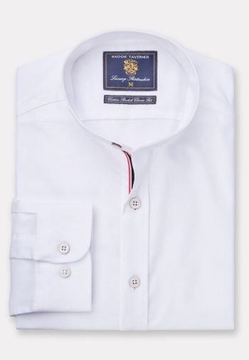 Tailored Fit White Stretch Cotton Oxford Grandad Collar Shirt