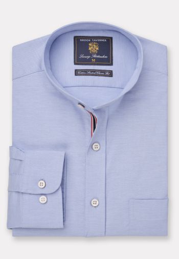 Regular and Tailored Fit Blue Stretch Cotton Oxford Grandad Collar Shirt