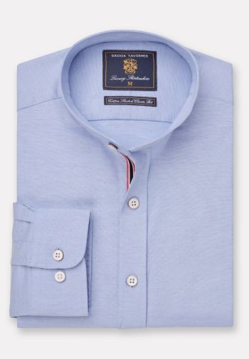 Regular Fit Blue Stretch Cotton Oxford Grandad Collar Shirt