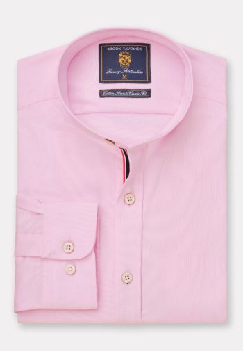 Tailored Fit Pink Stretch Cotton Oxford Grandad Collar Shirt