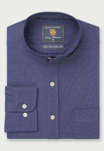 Regular Fit Dark Blue Stretch Cotton Oxford Grandad Collar Shirt