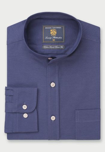 Regular and Tailored Fit Dark Blue Stretch Cotton Oxford Grandad Collar Shirt