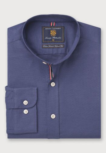 Tailored Fit Dark Blue Stretch Cotton Oxford Grandad Collar Shirt