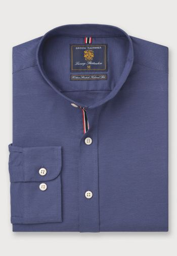 Regular and Tailored Fit Dark Blue Stretch Cotton Oxford Grandad Collar Shirt