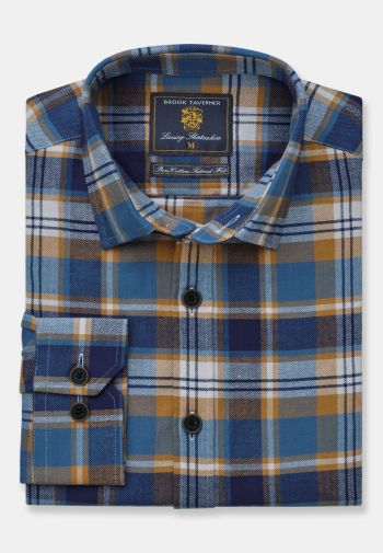 Tailored Fit Blue Check Herringbone Cotton Shirt
