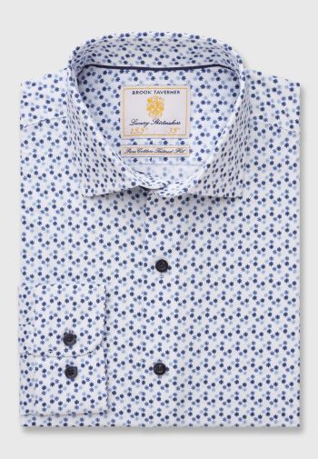 Tailored Fit White with Navy Print Business Cotton Shirt