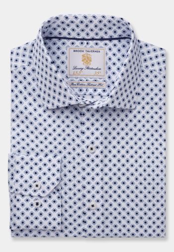 Tailored Fit Navy Diamond Print Cotton Shirt