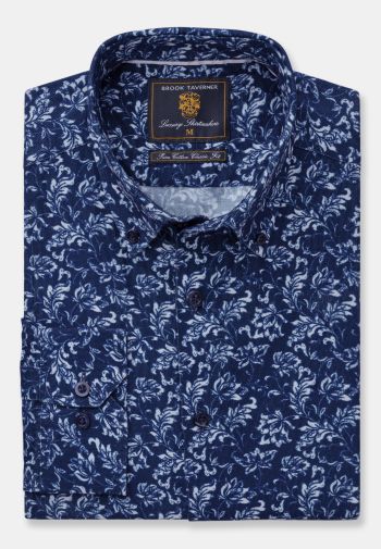Regular Fit Navy Print Corduroy Cotton Shirt