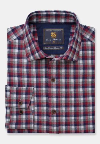 Tailored Fit Wine, Blue, Grey and White Check Cotton Melange Tailored Fit Shirt