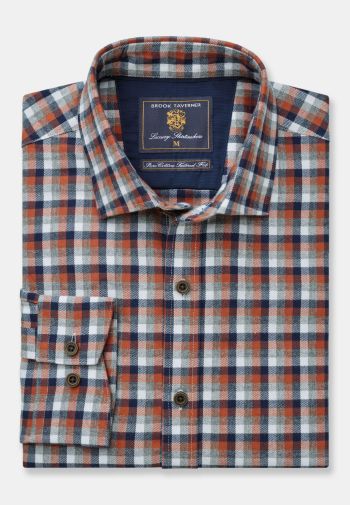 Tailored Fit Ginger, Blue, Grey and White Check Cotton Melange Shirt