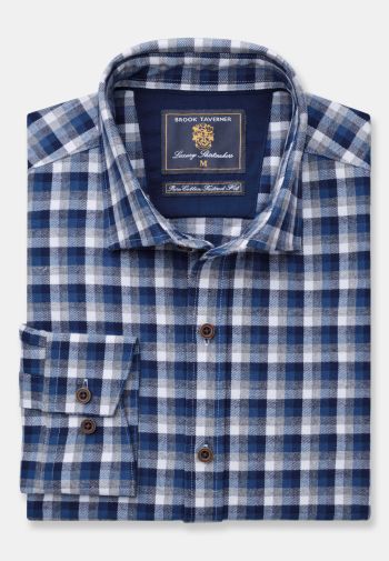 Tailored Fit Navy, Blue, Grey and White Check Cotton Melange Shirt