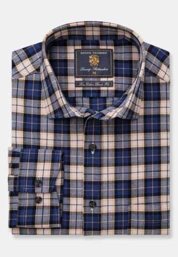 Regular Fit Navy, Blue and Gold Check Brushed Cotton Shirt