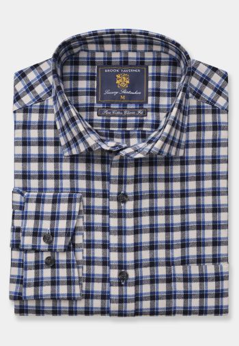 Regular Fit Black, Blue and Winter White Check Brushed Cotton Shirt