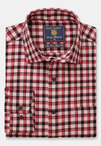 Regular Fit Red, Black and Winter White Check Brushed Cotton Shirt