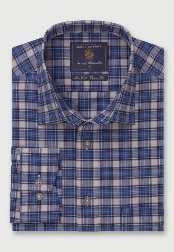 Regular and Tailored Fit Blue Tartan Cotton Oxford Shirt