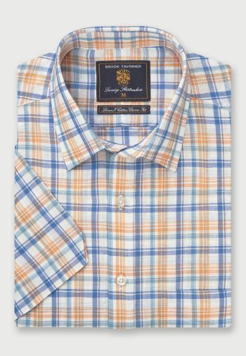 Regular Fit Blue and Apricot Plaid Check Short Sleeve Linen Cotton Shirt