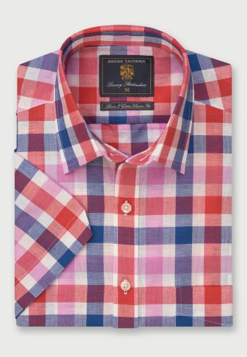 Regular Fit Rose, Pink and Blue Check Short Sleeve Linen Cotton Shirt