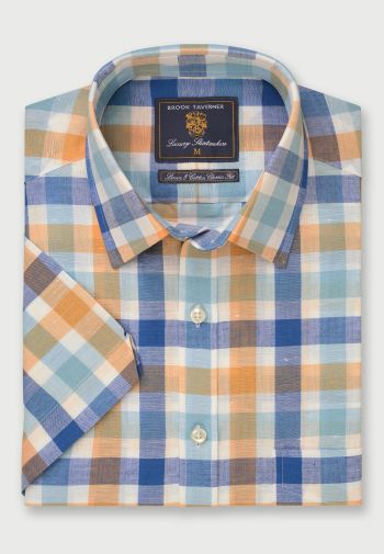 Regular Fit Blue, Turquoise and Apricot Check Short Sleeve Linen Cotton Shirt