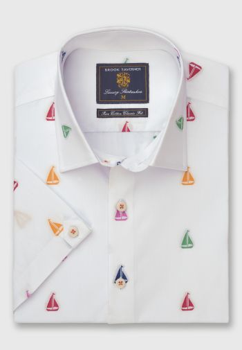 Regular Fit White with Sailing Boats Short Sleeve Cotton Shirt