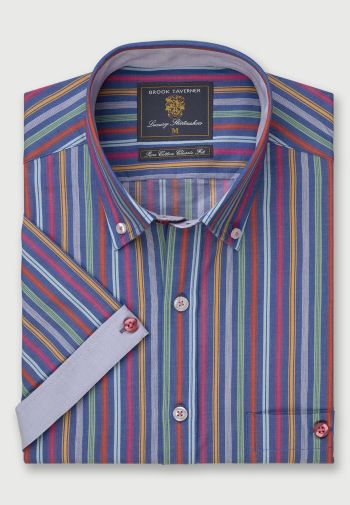 Regular Fit Blue with Violet, Apple Stripe Short Sleeve Cotton Shirt
