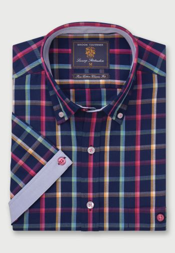 Regular Fit Navy with Apple Check Short Sleeve Cotton Shirt