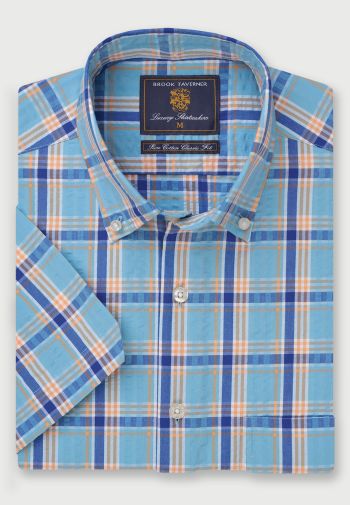 Regular Fit Turquoise Check Seersucker Short Sleeve Cotton Shirt