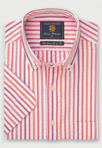 Regular Fit Rose Stripe Seersucker Short Sleeve Cotton Shirt